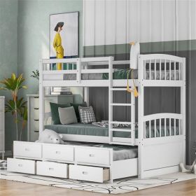 Wood Bunk Bed with Trundle and Drawers,White