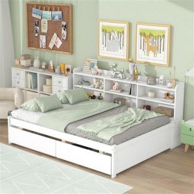 Full Bed with Side Bookcase, Drawers,White