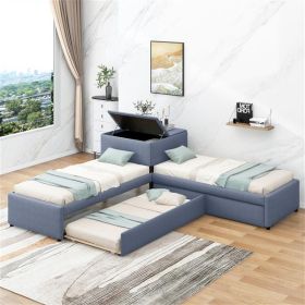 L-shaped Upholstered Platform Bed with Trundle and Two Drawers Linked with built-in Desk,Twin,Gray