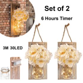 2 Pack Lighted Mason Jar Wall Sconce Fairy Lights Timer 3M 30 LED Country Decor