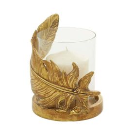 DecMode Gold Glass Bird Feather Pillar Hurricane Lamp