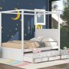 Queen Size Canopy Platform Bed with Twin Size Trundle and Three Storage Drawers,White