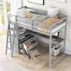 Twin Size Loft Bed with Desk and Shelves, Two Built-in Drawers, Gray